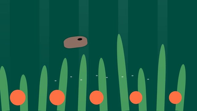 Animated brown creature jumping between green grass blades and orange circles.
