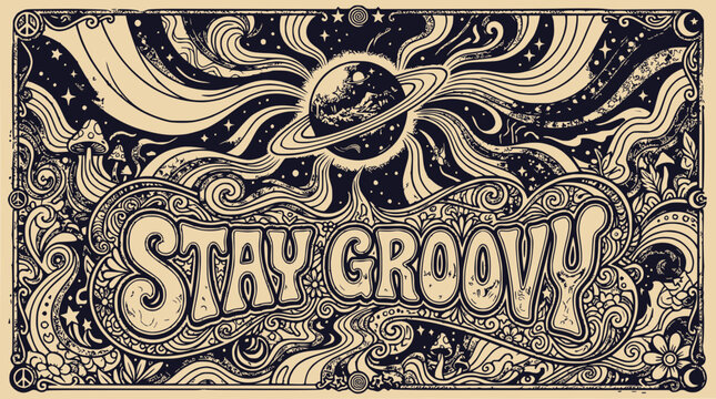 Psychedelic Art "Stay Groovy" with Saturn, Stars, Mushrooms, and Swirls
