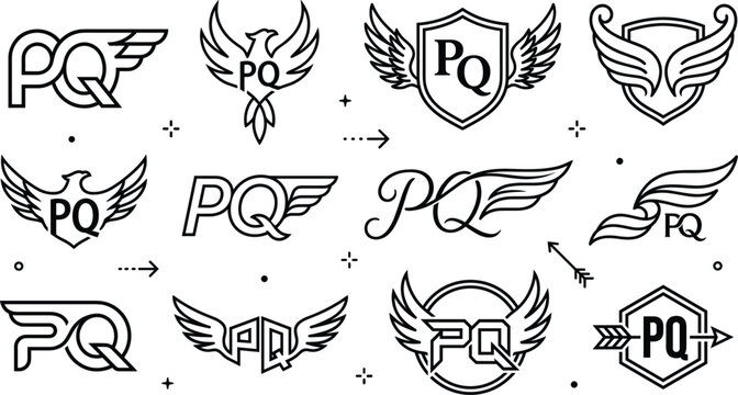 Letter PQ Logo Icon Set with Wings Shield Eagle Phoenix and Arrow Line Art