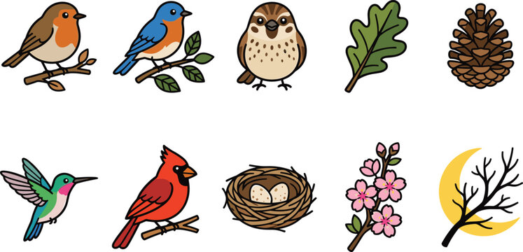 Cute wild bird and nature vector icon set featuring colorful cartoon illustrations of robin, bluebird, cardinal, nest, and blossoms for seasonal spring designs