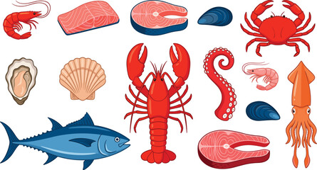 Fresh seafood market vector illustration collection with lobster tuna fish salmon fillet steak crab shrimp octopus tentacle squid oyster and mussel isolated on white background. © SM