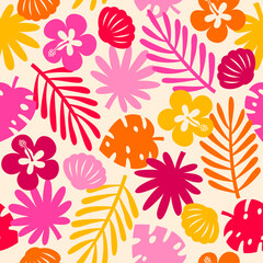 Hibiscus flower, tropical leaf and shell seamless pattern design for summer holidays background. © NTRdesign