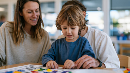 Obraz premium Pediatric occupational therapist observing as a father attempts a feeding exercise with his rigidly picky four-year-old at a clinical table covered in tactile food exploration