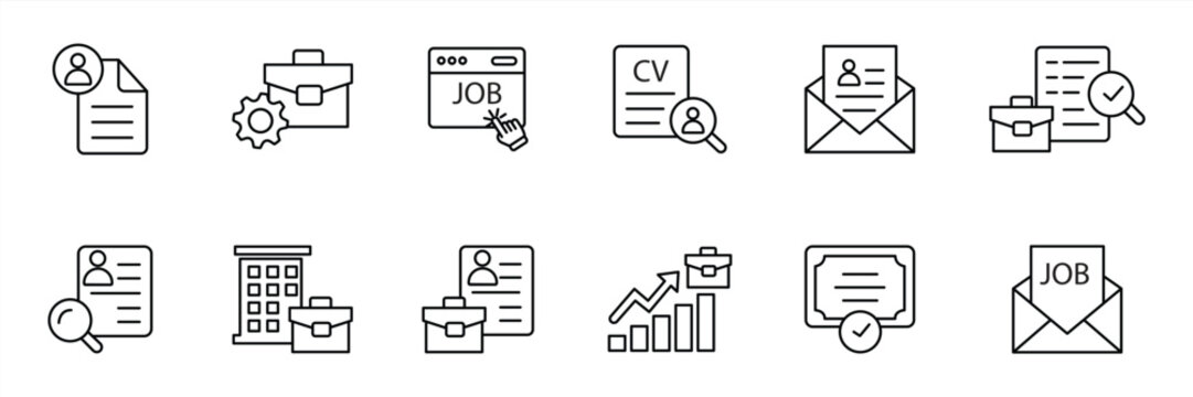 Resume icon set, Contains Job Application, CV, Career, Recruitment, and Employment, vector illustration.