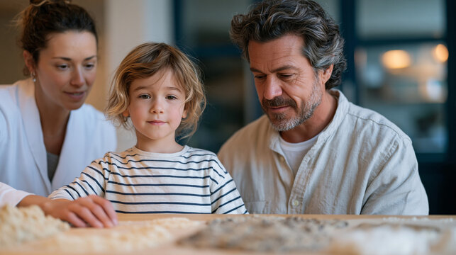 Pediatric occupational therapist observing as a father attempts a feeding exercise with his rigidly picky four-year-old at a clinical table covered in tactile food exploration