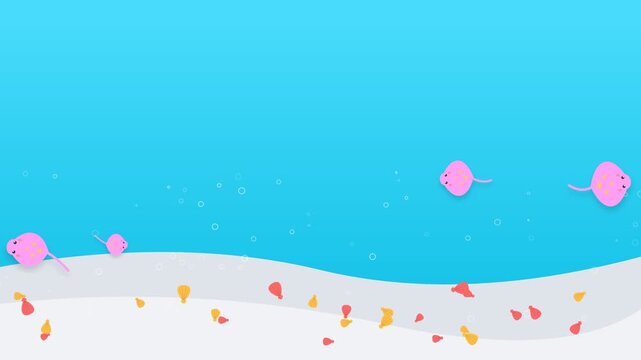 Animated Underwater Scene with Cute Pink Stingrays Swimming Over Colorful Sea Floor.
