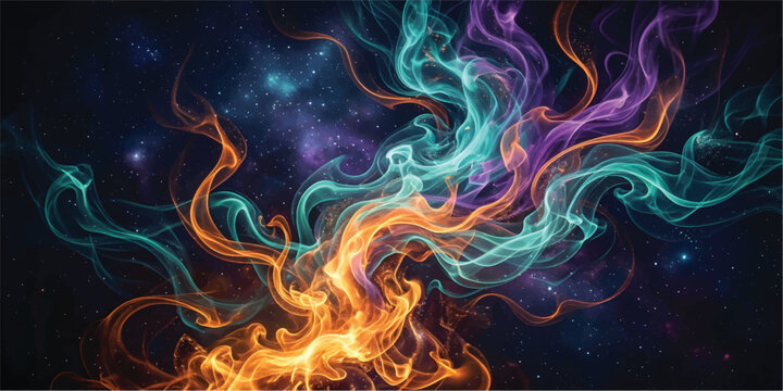 Abstract Fire Flames Background with Burning Smoke, Hot Orange and Red Inferno Energy, Fiery Light Waves, Heat Swirls and Dark Black Blaze Texture Design Wallpaper