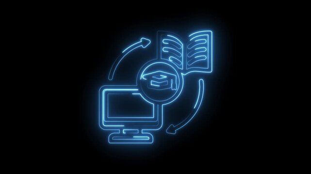 Glowing blue neon outline of computer monitor with graduation cap and open book connected by... icon