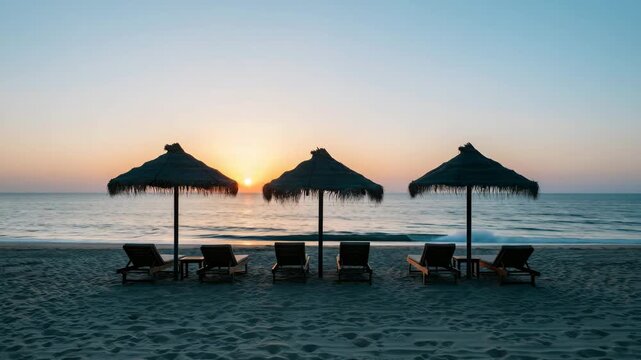 Serene Beach Scene with Three Thatched Umbrellas and Lounge Chairs at Sunset on Tropical Coastline with Calm Ocean Waves