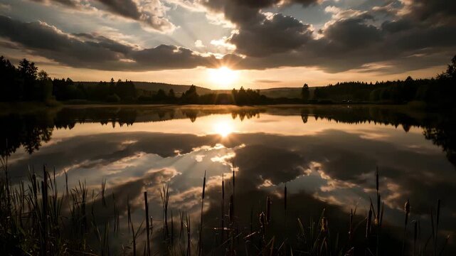 Serene lake at sunset with cloudy sky reflection peaceful landscape nature scenery calm water and vibrant colors in the evening