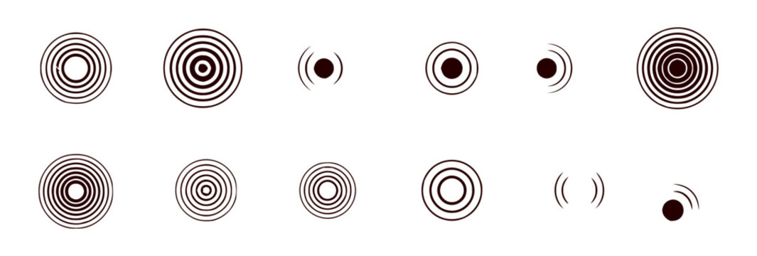 Set of abstract circular ripple icons, sound wave vibration symbols