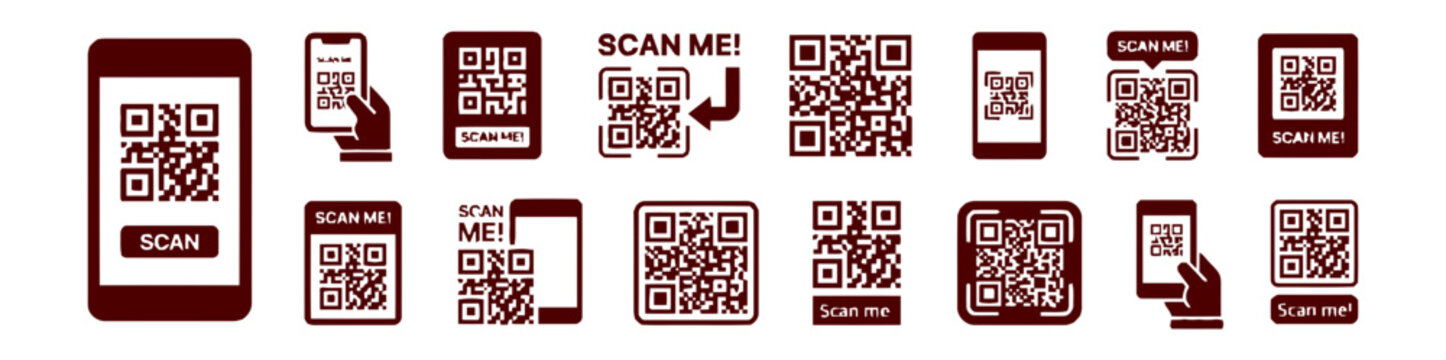 Set of qr code icons, scan me labels and smartphone scanning symbols