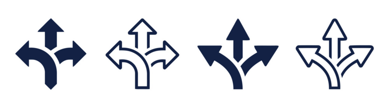 Set of threeway direction arrow icons, split path signs