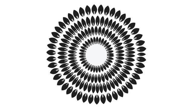 Stylized black flower mandala pattern isolated on white background, abstract circular design with spiraling leaf shapes and radial symmetry.