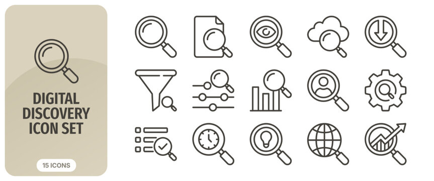 Digital discovery icon set, thin line style, magnifying glass searching for various data, information, cloud, user, settings, analysis, and global search icons