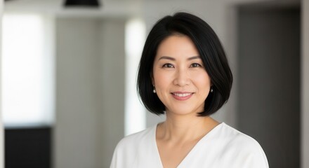 Obraz premium Confident Middle-Aged Asian Businesswoman Smiling in Modern Office Setting, Professional Portrait of Mature Woman