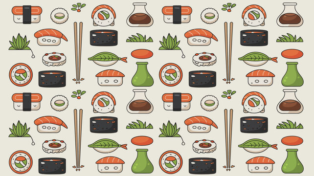 Sushi rolls, nigiri, and chopsticks are arranged in a repeating pattern against a neutral background.