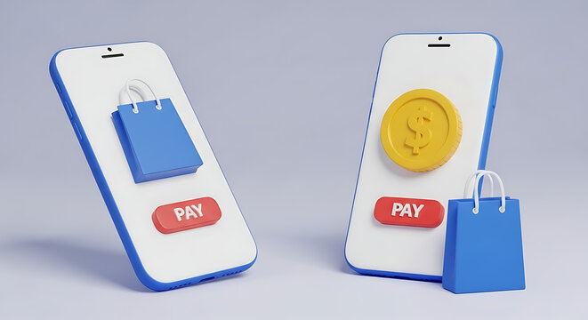 Digital shopping and online payment process on mobile devices with shopping smartphone commerce transaction business technology currency marketing