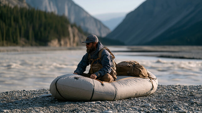Packrafter inflating a lightweight packraft at a gravel river bar, a fully loaded backpack strapped to the bow deck with cam straps, glacially milky water rushing past