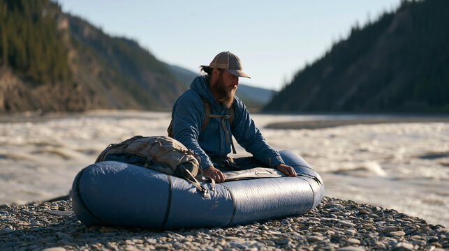 Packrafter inflating a lightweight packraft at a gravel river bar, a fully loaded backpack strapped to the bow deck with cam straps, glacially milky water rushing past