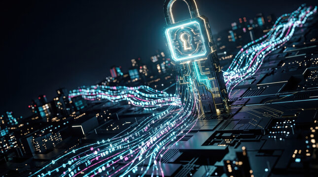 Cybersecurity data protection encryption network security digital privacy concept with glowing lock and flowing data streams on circuit board background
