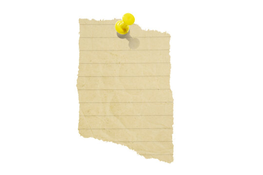 Torn piece of paper pinned with a push pin isolated on a transparent background.