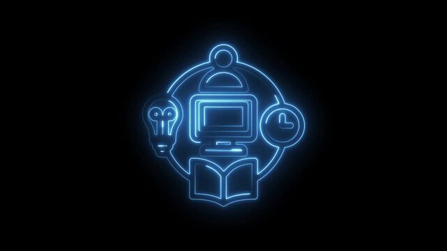 Glowing blue neon abstract concept of learning knowledge education and technology with icon
