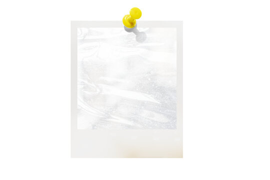 Photo card attached with a push pin isolated on a transparent background.