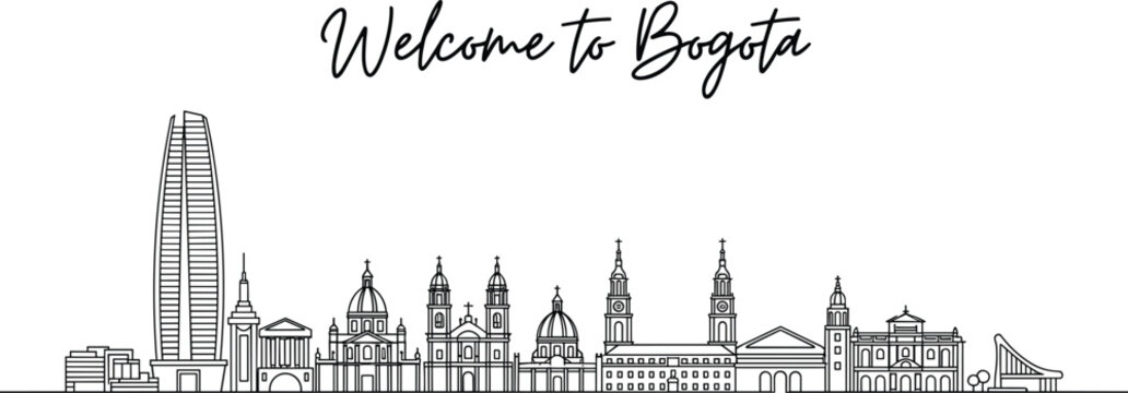 Bogota skyline continuous line art drawing vector for Colombia city travel destination card greeting banner