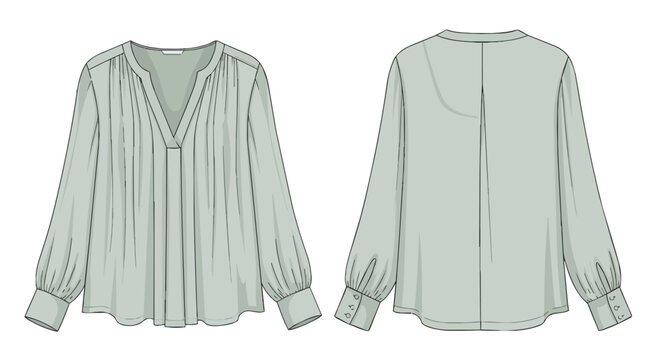 Sage Green Pleated Front Women Blouse Long Sleeve V Neck Fashion Flat Sketch Technical Drawing Front and Back Views