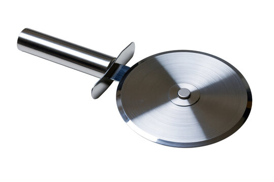 Metal rolling pizza slicer for pizzeria kitchen and serving projects isolated on transparent background
