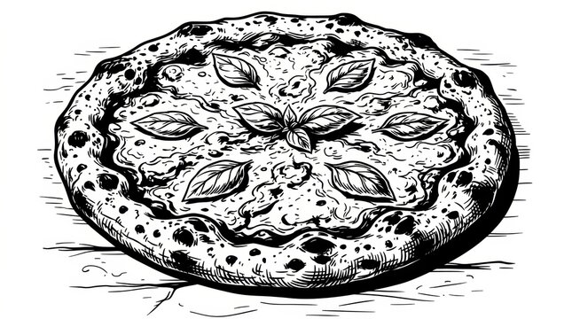 Fresh pizza topped with basil on a rustic wooden table beside a traditional brick oven with glowing flames. Detailed black and white vector illustration in vintage engraving style.