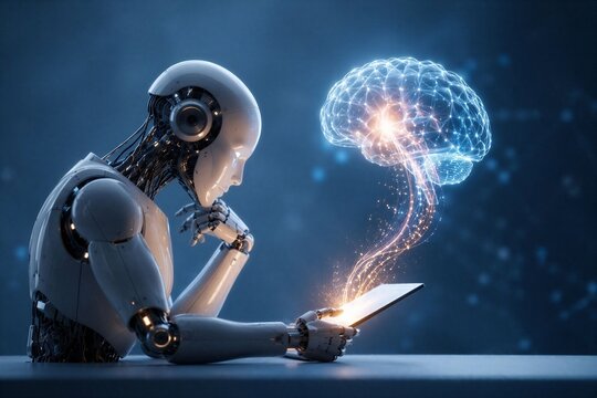 Artificial intelligence robot thinking and analyzing digital brain data