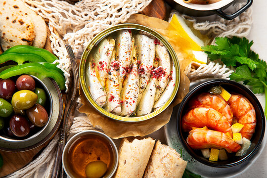 Assortment of spanish tapas or italian antipasti.