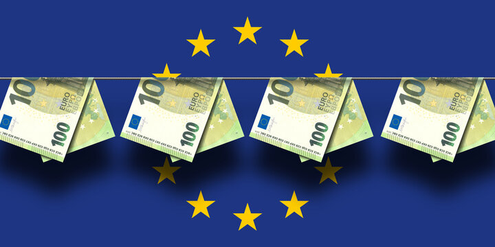 100 euro banknotes hanging on rope. Economic banner. European Union flag. Money laundering. Financial illustration. Criminal shadow economy. Fight against illegal business
