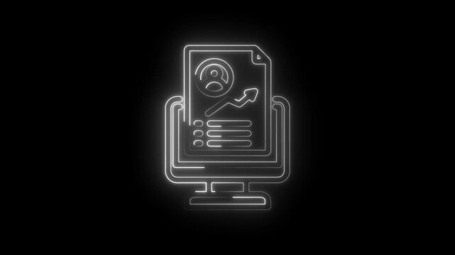 Glowing neon outline of computer screen displaying resume with profile icon and upward trending