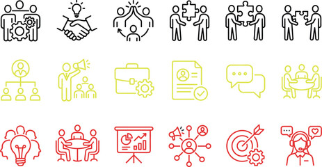 Fototapeta premium Business Teamwork Communication Strategy Icons Set with Leadership Collaboration Partnership Support Meeting Management Line Vector Illustration