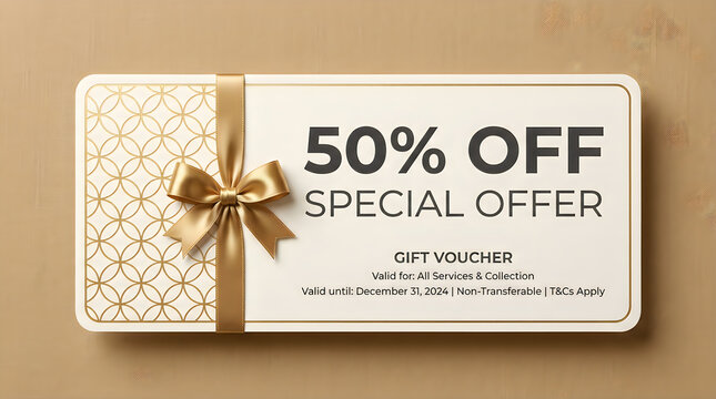 Gift voucher with fifty percent discount and golden ribbon bow decoration