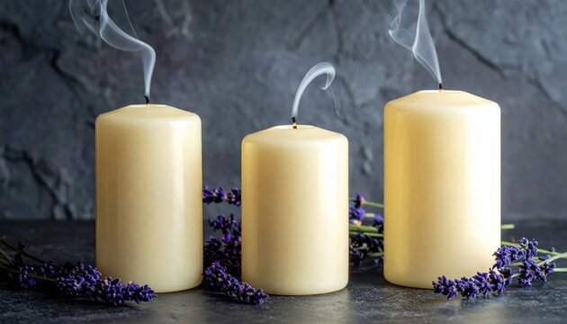 Three extinguished pillar candles with wisps of smoke and lavender sprigs.
