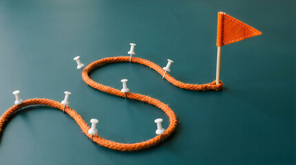 Orange rope path with white pins leading to a small orange goal flag