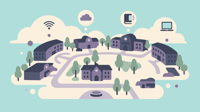 Flat vector illustration depicting a modern university campus with connected digital network icons and buildings