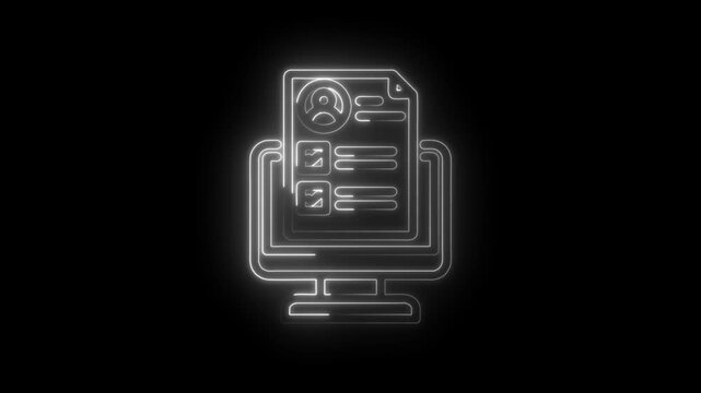Glowing neon outline of computer screen displaying resume profile and bullet points on black... icon