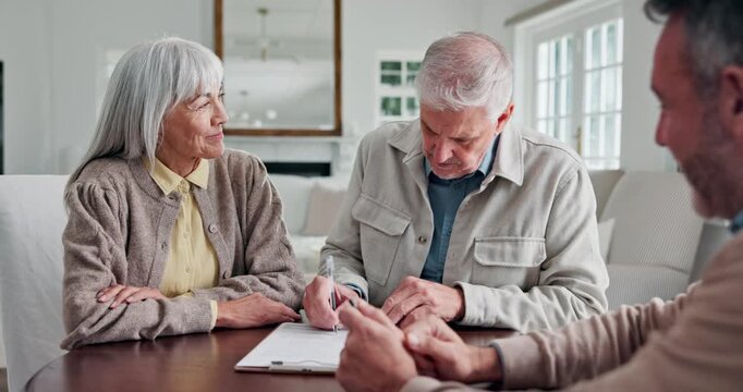 Agent, old couple or sign documents in home for listing agreement, property disclosure or support. Happy, mature realtor or senior people with signature for deed vesting, legal compliance or approval