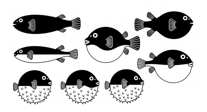 Collection of Minimalist Black and White Pufferfish Icons - Fugu Fish Vector Illustrations in Various States