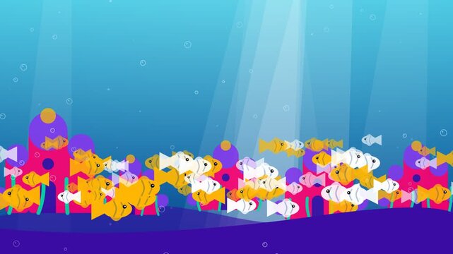 Animated Underwater Scene with Colorful Fish Swimming Around Coral Reef.