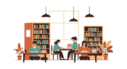 Students studying and reading in a library with bookshelves © herdi