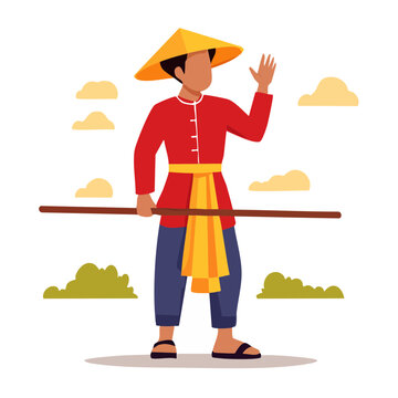 Farmer in traditional clothing carrying a yoke