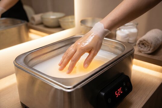 Hand Paraffin Wax Bath Treatment Spa Manicure Salon Closeup