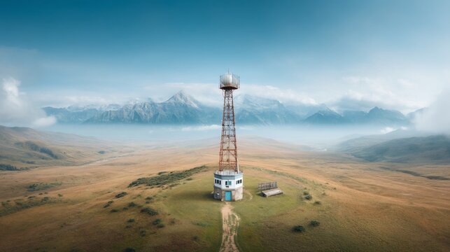 Aerial view of a radio tower standing tall, mountains in the distance, on a grassy plain