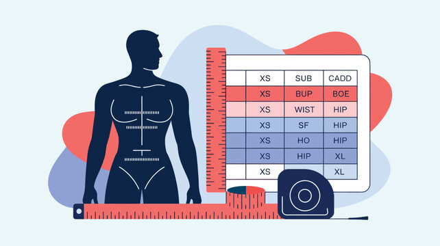 Human silhouette stands next to a clothing size chart with measuring tapes for accurate body sizing.